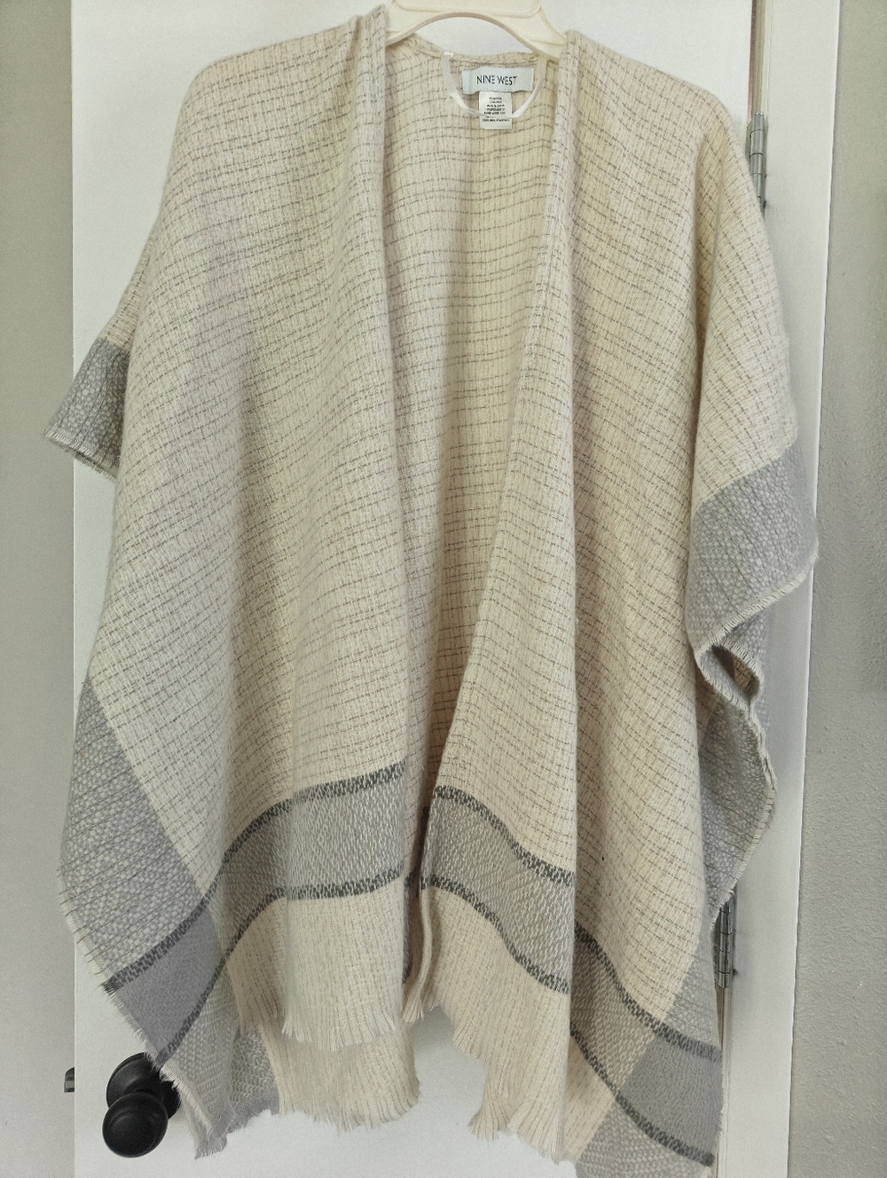 Nine West Cream Plaid Open-Front Poncho with Fringe